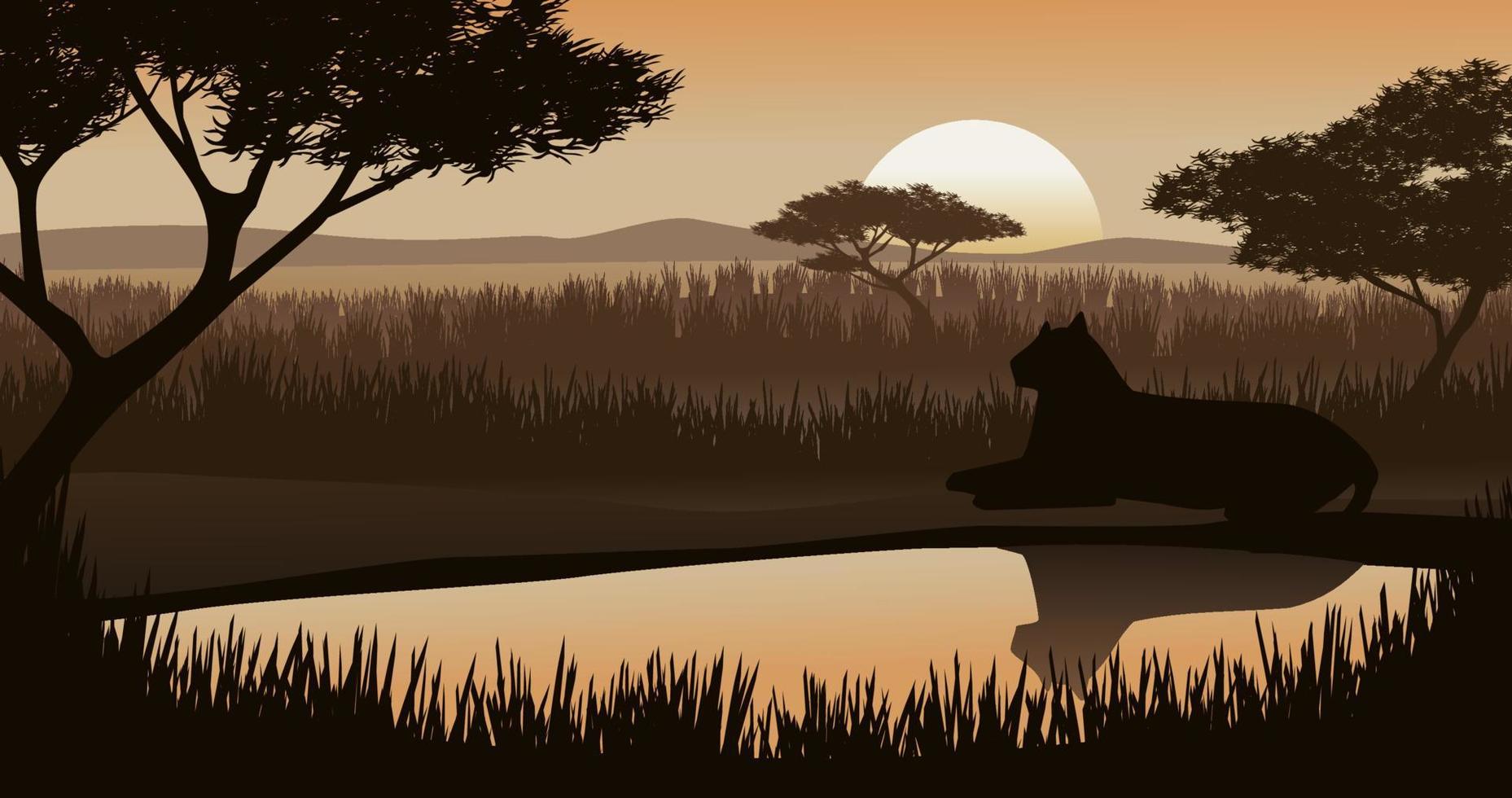 puesta de sol en savanah con un leopardo descansando en el estanque. ilustración de vida silvestre de naturaleza vectorial vector