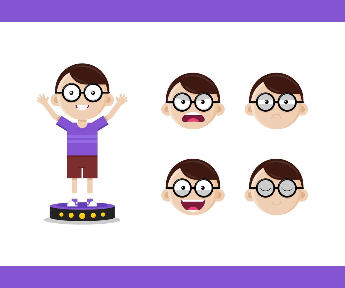 Vector illustration, cute character of a smart boy wearing glasses with various expressions.