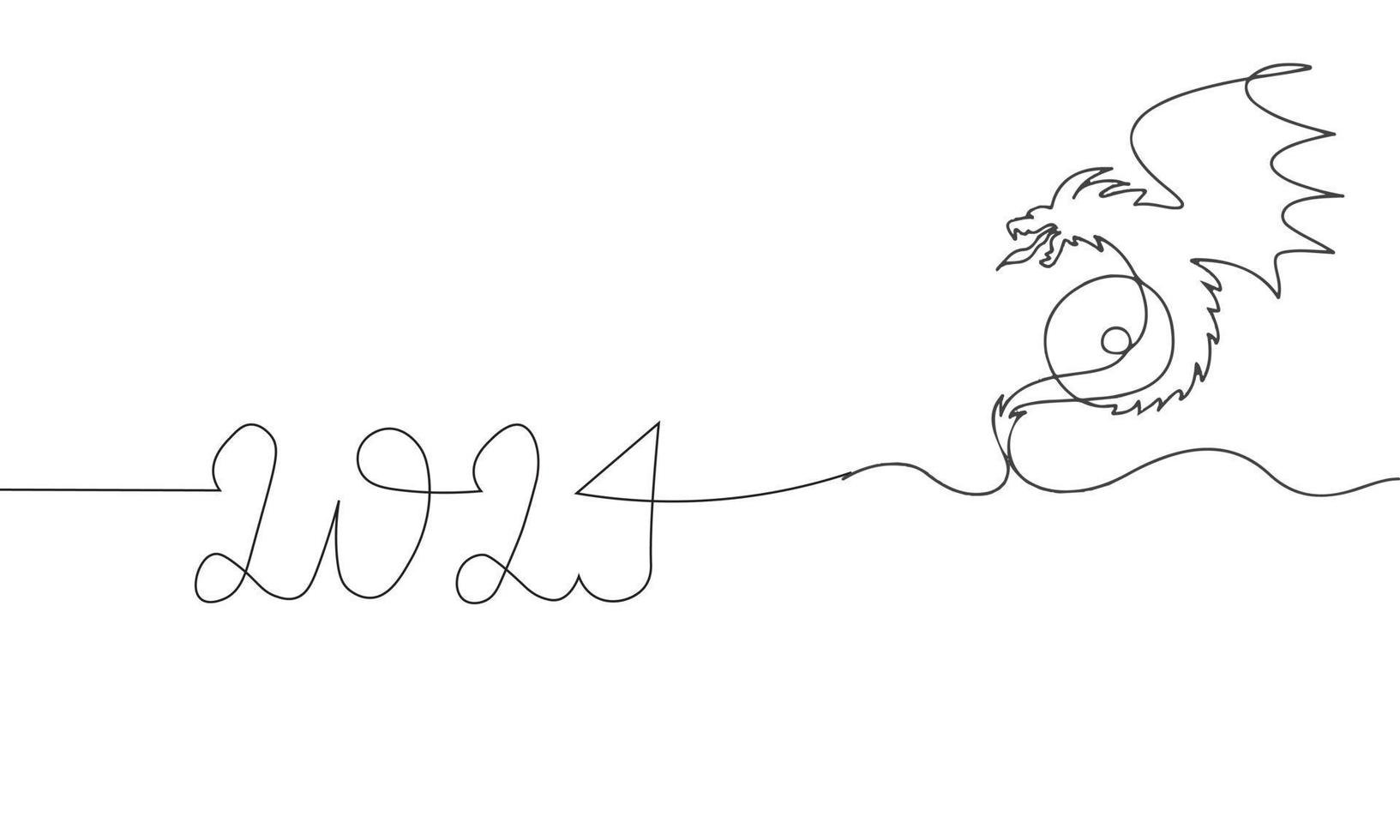 Continuous one line drawing of Dragon symbol of 2024 year. Fluffy dragon silhouette with ears in simple linear style for winter design greeting card and web banner. Doodle Vector illustration