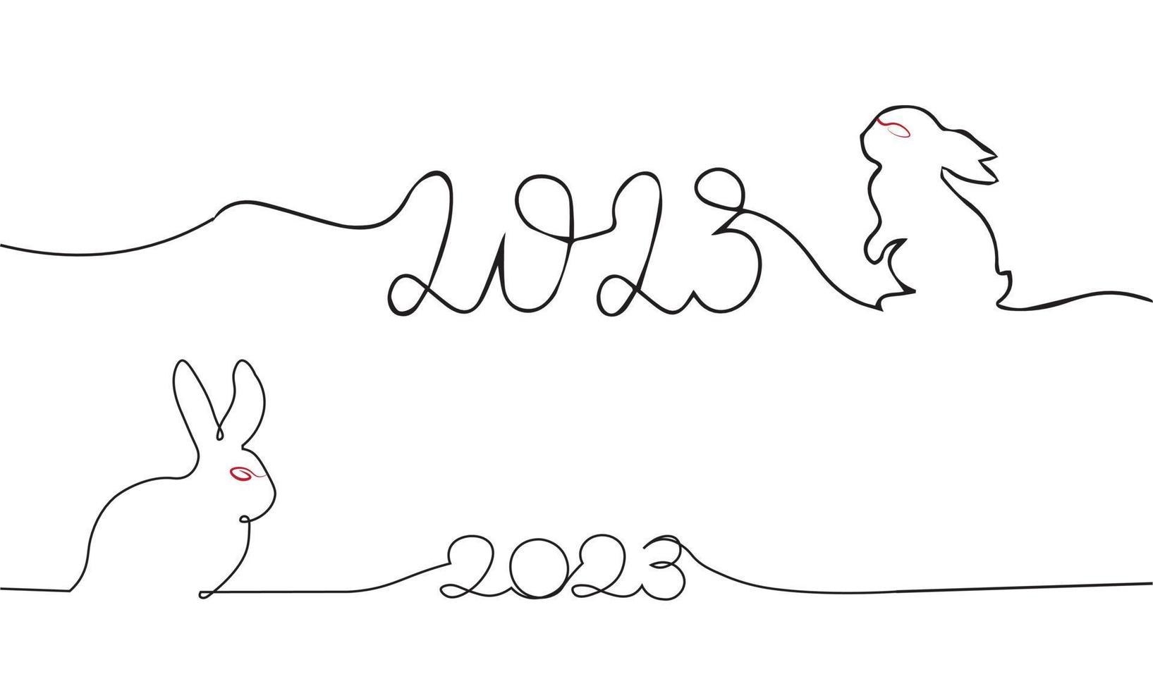 Continuous one line drawing of Bunny symbol of 2023 year. Fluffy rabbit silhouette with ears in simple linear style for winter design greeting card and web banner. Doodle Vector illustration