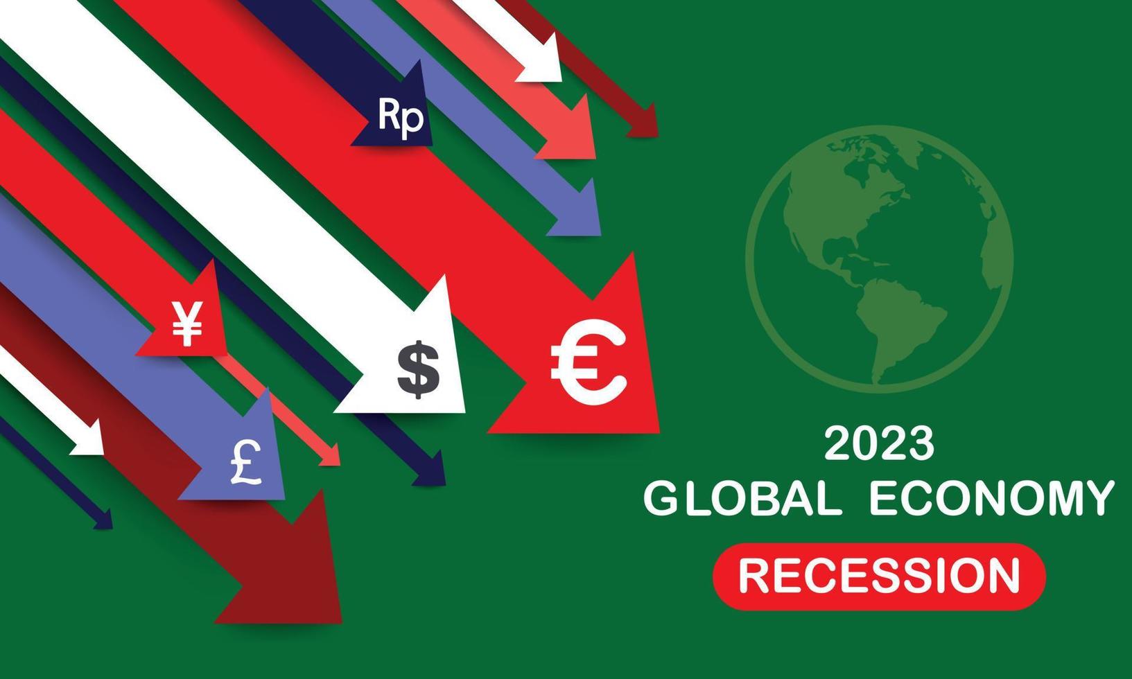 2023 Economy recession, global business downfall with falling arrow and world map. Money losing. Stock crisis, financial crisis and finance inflation concept background dark green. vector