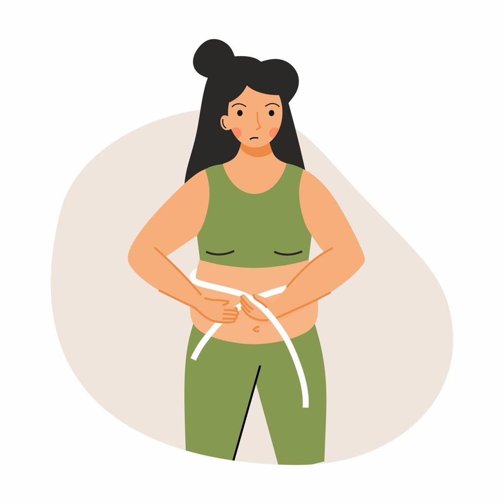 A sad woman measures her stomach with a centimeter tape. The problem with being overweight. Fatness. vector