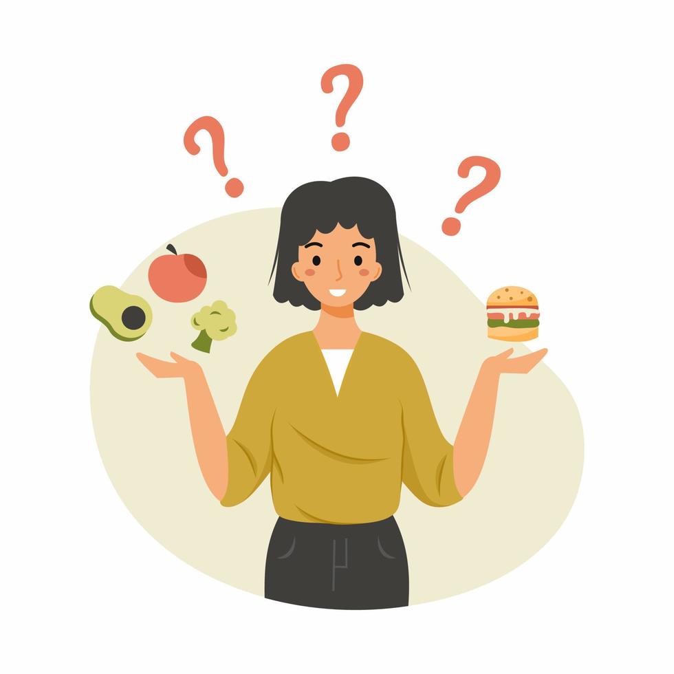 Proper nutrition. Woman chooses between healthy and unhealthy food. Nutritionist. Useful habit. vector