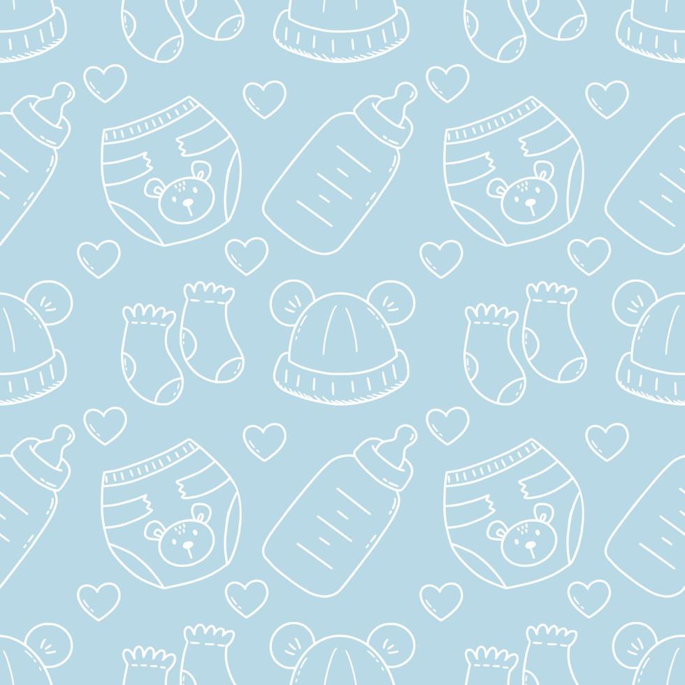 Seamless children's pattern for sewing clothes and printing on fabric. Background for newborn. Hat, diaper and socks for baby. Doodle illustration. vector