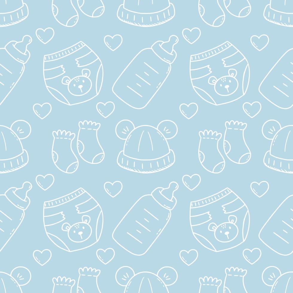 Seamless children's pattern for sewing clothes and printing on fabric. Background for newborn. Hat, diaper and socks for baby. Doodle illustration. vector