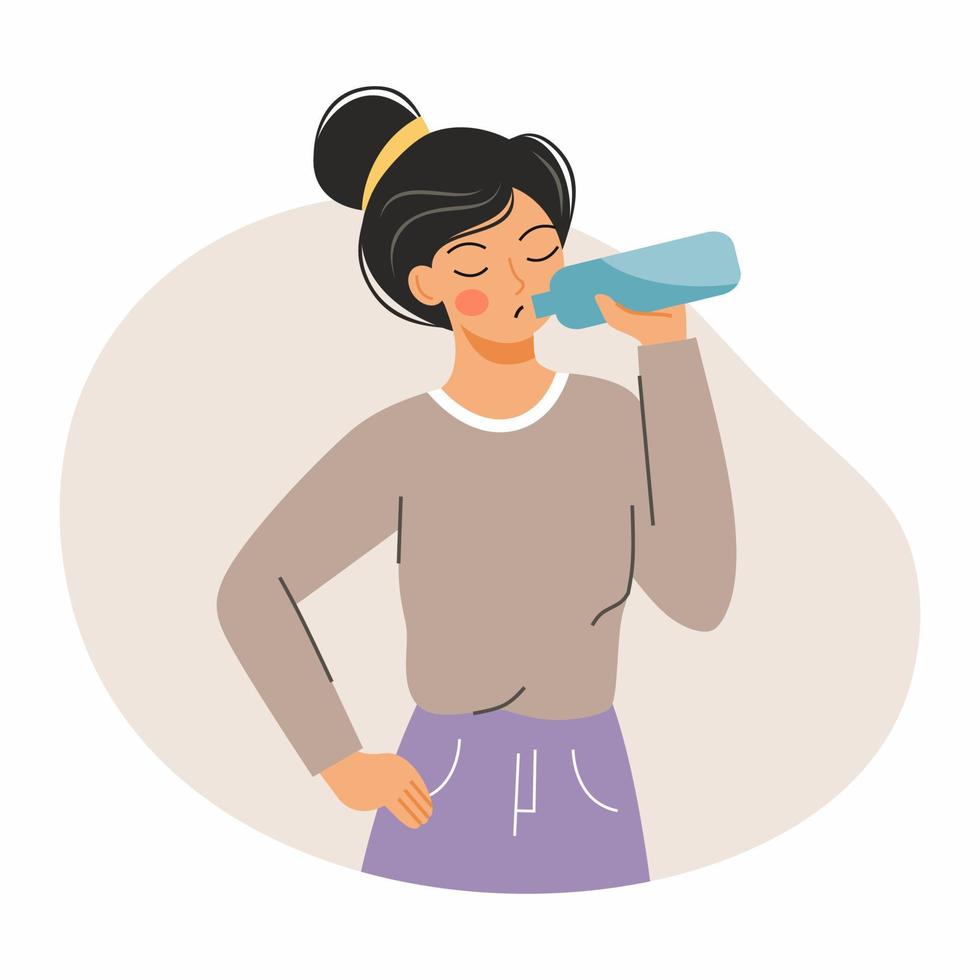 Woman drinks water from plastic or glass bottle.  Useful habit. Morning routine. Maintaining water balance in body. vector
