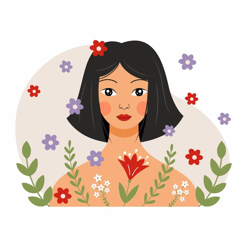 hermosa mujer con lápiz labial brillante. niña y flores. el verano. salud mental. armonía. emociones positivas. hombre feliz. vector