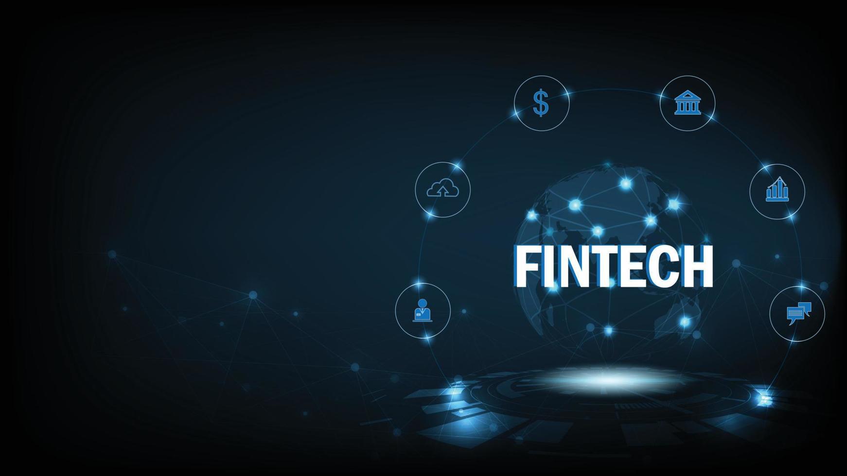 tecnología financiera y clase mundial de negocios. El icono fintech y las cosas en el fondo de tecnología azul oscuro representan la conexión de tecnología financiera, banca y clase mundial de negocios. vector