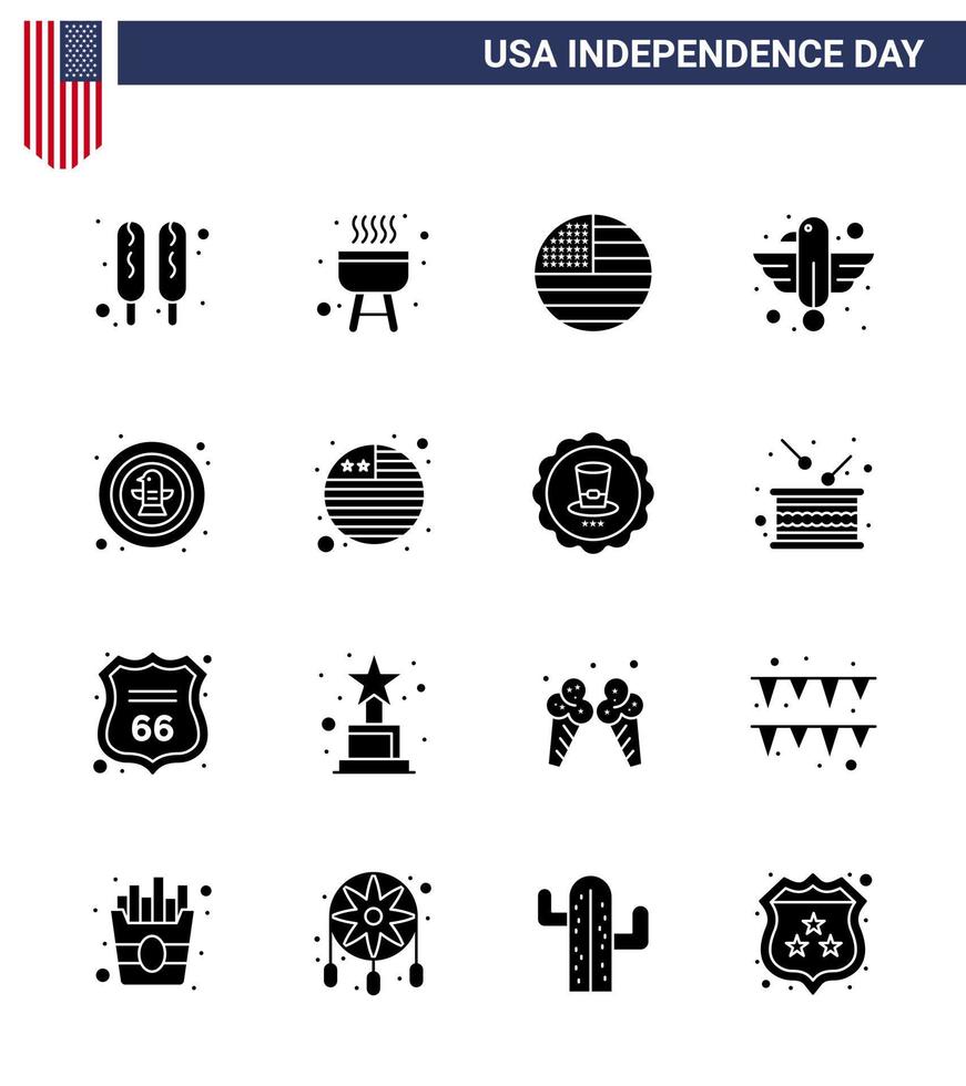 Big Pack of 16 USA Happy Independence Day USA Vector Solid Glyphs and Editable Symbols of celebration american thanksgiving state bird Editable USA Day Vector Design Elements