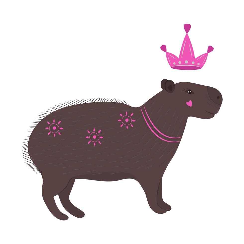 Cute capybara with crown, illustration in brown and pink colors vector