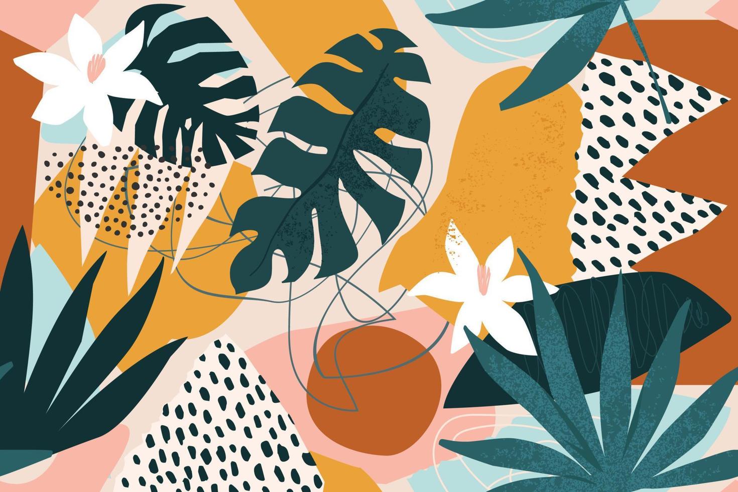 Collage contemporary floral seamless pattern. Modern exotic jungle fruits and plants illustration in vector. vector