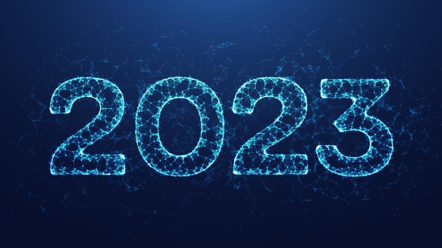 Happy New Year 2023. 3D Geometric low polygonal 2023 numbers. New year banner, poster, greeting card. Modern abstract wireframe design. Vector illustration.