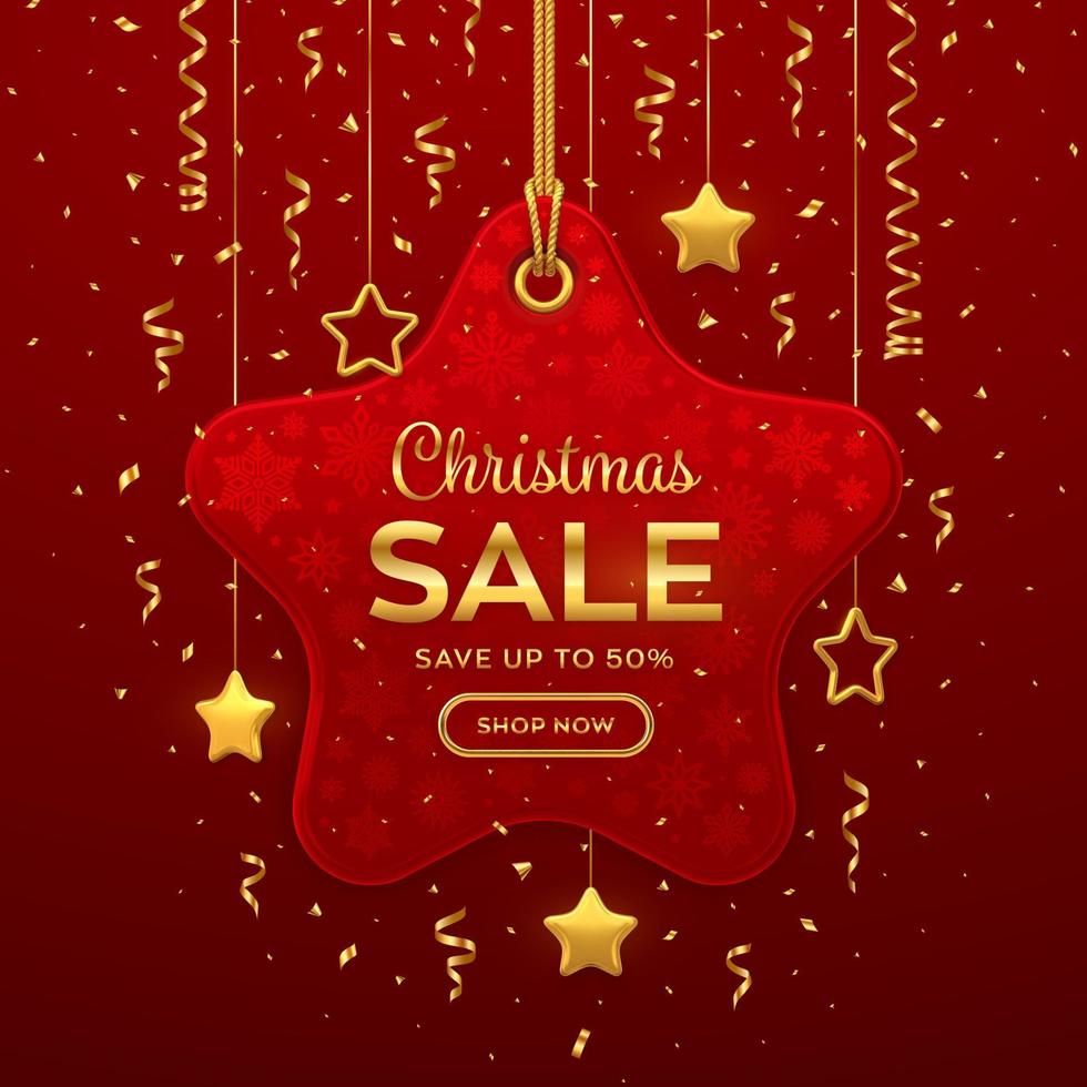 Christmas and New Year sale price tag. Realistic red tag hanging on gold rope. Discount label with golden stars and confetti. Xmas banner design, advertising, marketing price tag. Vector illustration.