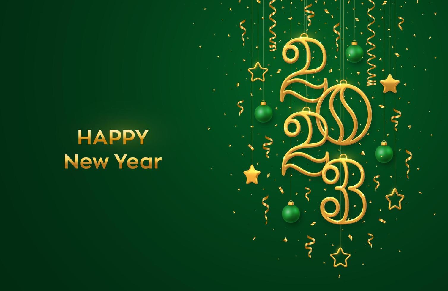 Happy New 2023 Year. Hanging Golden metallic numbers 2023 with shining 3D metallic stars, balls and confetti on green background. New Year greeting card, banner template. Realistic Vector illustration