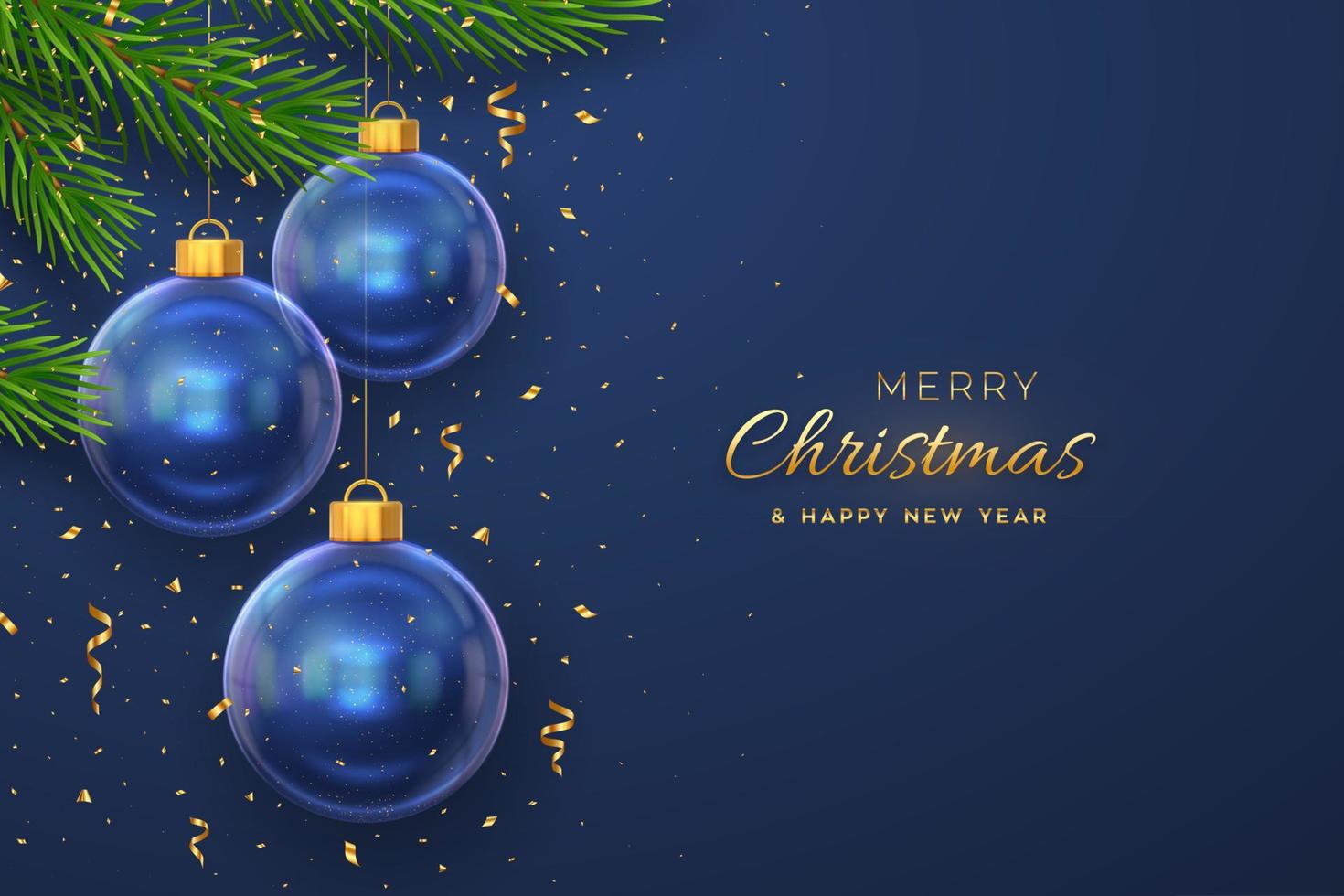 feliz navidad tarjeta de felicitación o pancarta. colgando bolas de vidrio transparente, ramas de pino sobre fondo azul con confeti dorado cayendo. diseño 3d de año nuevo. adornos navideños de vacaciones. ilustración vectorial vector