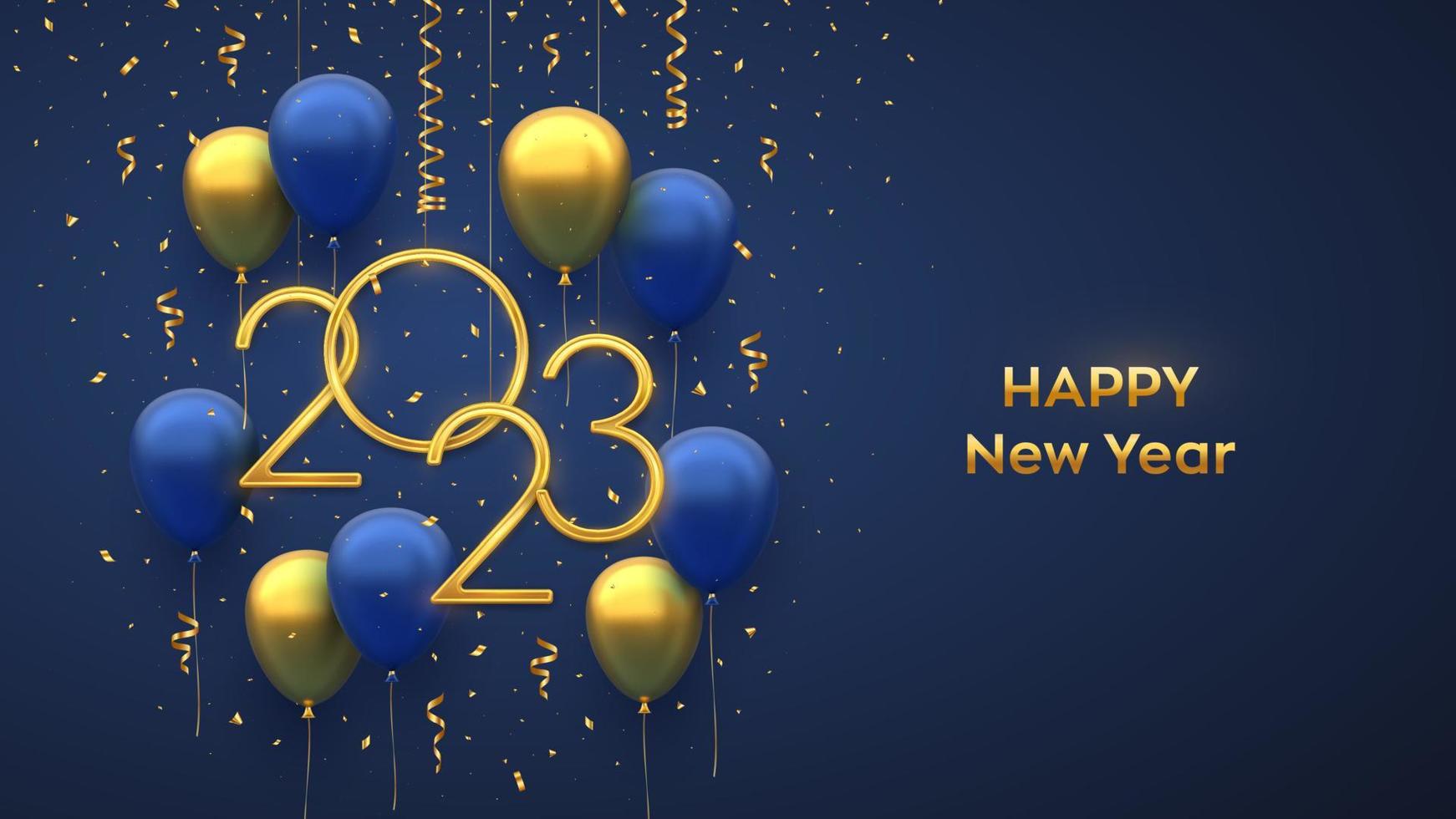 feliz año nuevo 2023. colgando números metálicos dorados 2023 con globos de helio festivos 3d y confeti cayendo sobre fondo azul. año nuevo, tarjeta de felicitación de navidad, plantilla de banner. ilustración vectorial vector