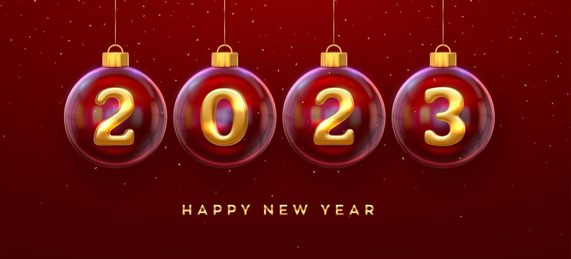 Happy New Year 2023. Golden metal 3D numbers 2023 in glass bauble. Hanging Christmas balls and glitter confetti. Greeting card. Holiday Xmas and New Year poster, banner, flyer. Vector Illustration.