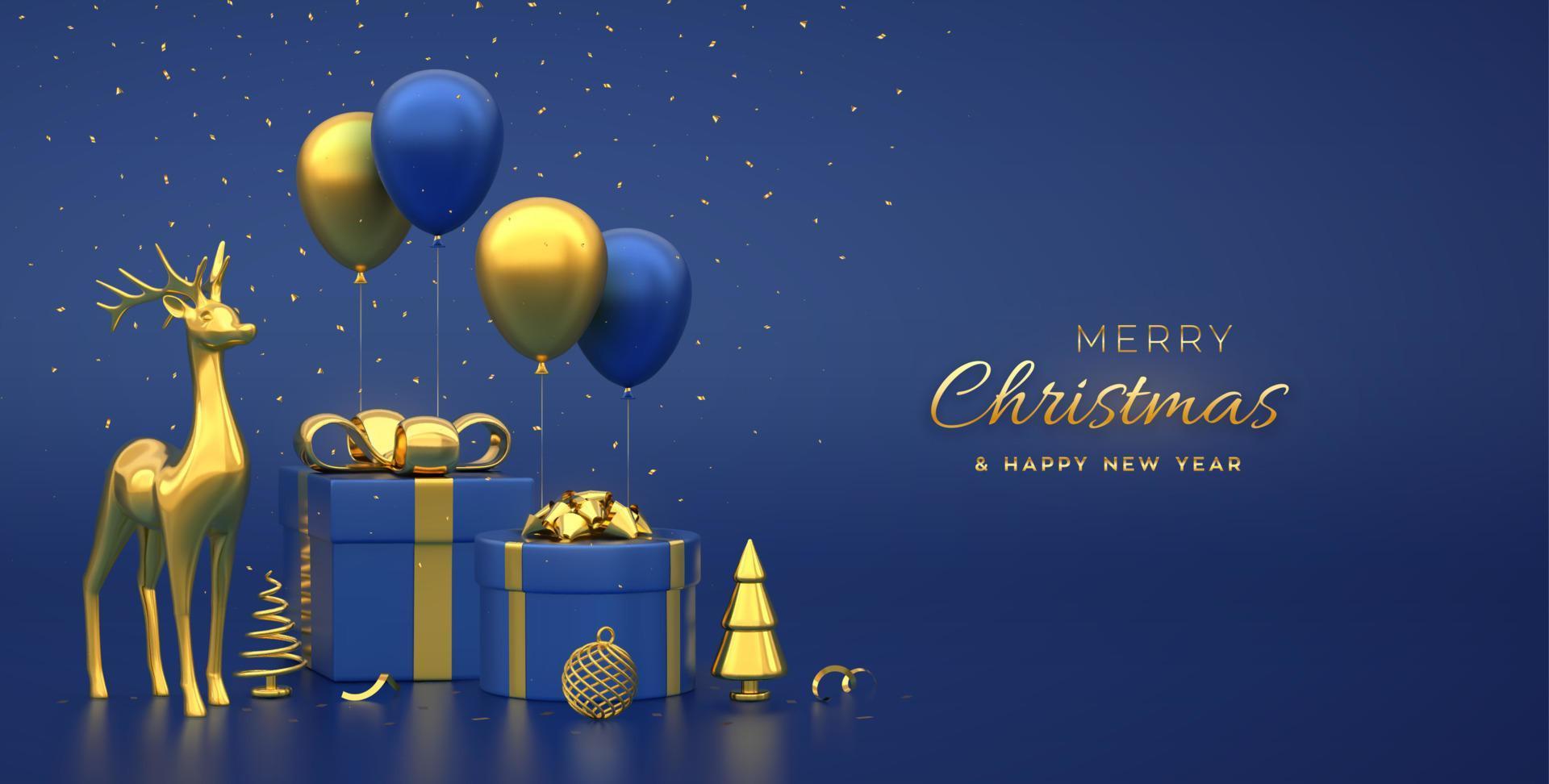 Christmas banner. Composition from gift boxes with golden bow gold deer, metallic pine, spruce trees, festive helium balloons. New Year trees, balls. Xmas background, header. Vector 3D illustration.