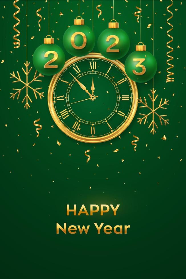 Happy New Year 2023. Hanging green Christmas bauble balls with realistic gold 3d numbers 2023 and snowflakes. Watch with Roman numeral and countdown midnight eve for New Year. Merry Christmas. Vector. vector