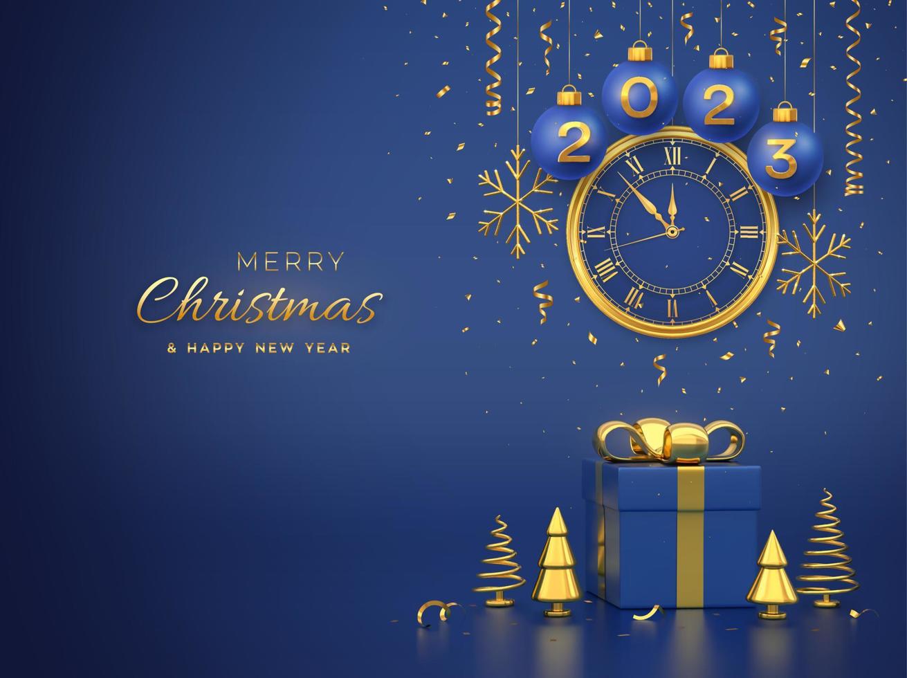 Merry christmas card. Blue Christmas bauble balls with gold 3d numbers 2023, snowflakes. Watch with Roman numeral countdown midnight, eve for New Year. Gift box, golden pine fir spruce trees. Vector. vector