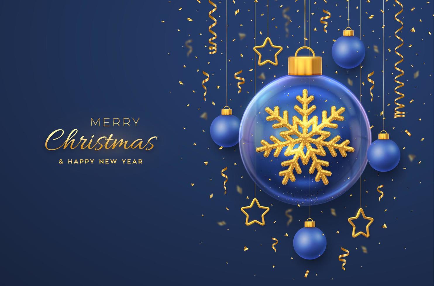 Merry christmas greeting card. Golden shining 3D snowflake in a glass bauble. Christmas blue background with hanging gold stars and balls. Holiday Xmas, New Year banner, flyer. Vector Illustration.