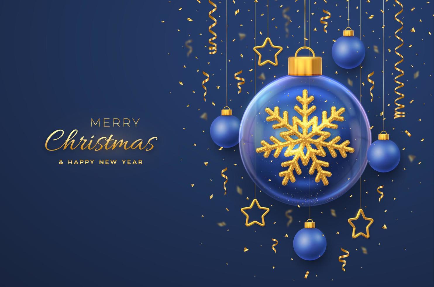 tarjeta de felicitación de feliz navidad. copo de nieve 3d brillante dorado en una bola de cristal. fondo azul navideño con estrellas y bolas doradas colgantes. vacaciones de navidad, banner de año nuevo, volante. ilustración vectorial vector