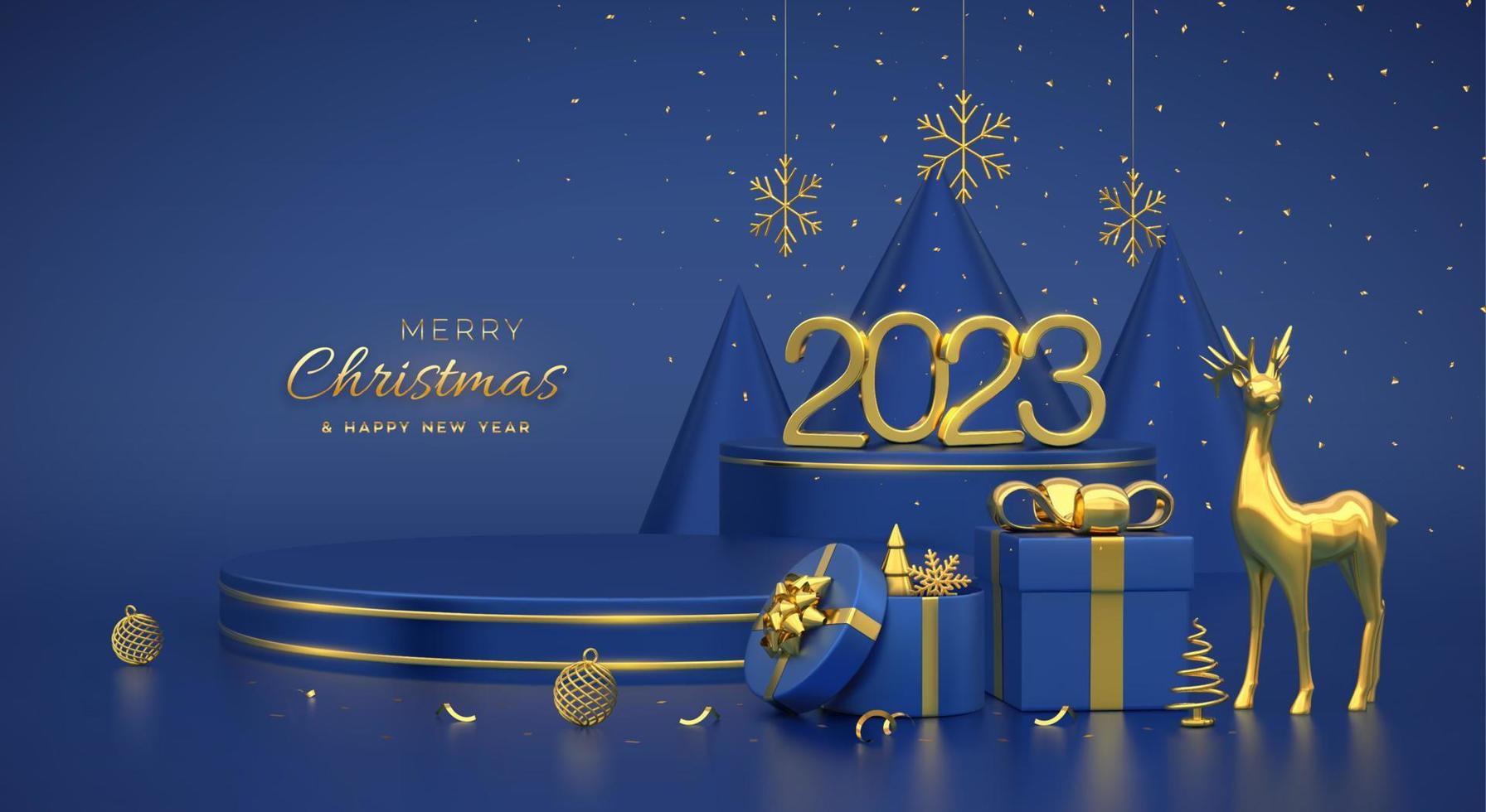 Christmas Scene and 3D round platforms on blue background. 3D Golden numbers 2023. Blank Pedestal with deer, shining snowflakes, balls, gift boxes, gold metallic cone shape pine, spruce trees. Vector. vector