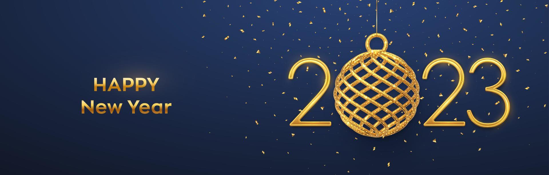 Happy New 2023 Year. Hanging Golden metallic numbers 2023 with shining 3D gold ball bauble and confetti on blue background. New Year greeting card, banner, header template. Vector illustration.