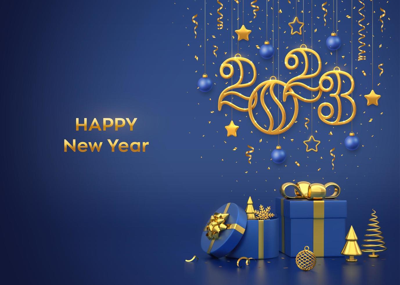 Happy New 2023 Year. Hanging golden metallic numbers 2023 with stars, balls and confetti on blue background. Gift boxes and golden metallic pine or fir, cone shape spruce trees. Vector illustration.