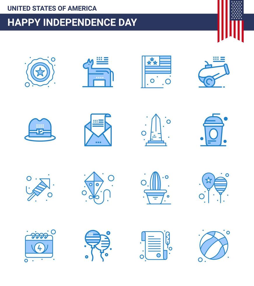 Happy Independence Day Pack of 16 Blues Signs and Symbols for american hat country mortar cannon Editable USA Day Vector Design Elements