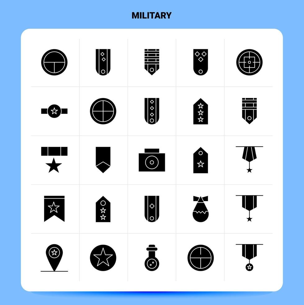 Solid 25 Military Icon set. Vector Glyph Style Design Black Icons Set. Web and Mobile Business ideas design Vector Illustration.