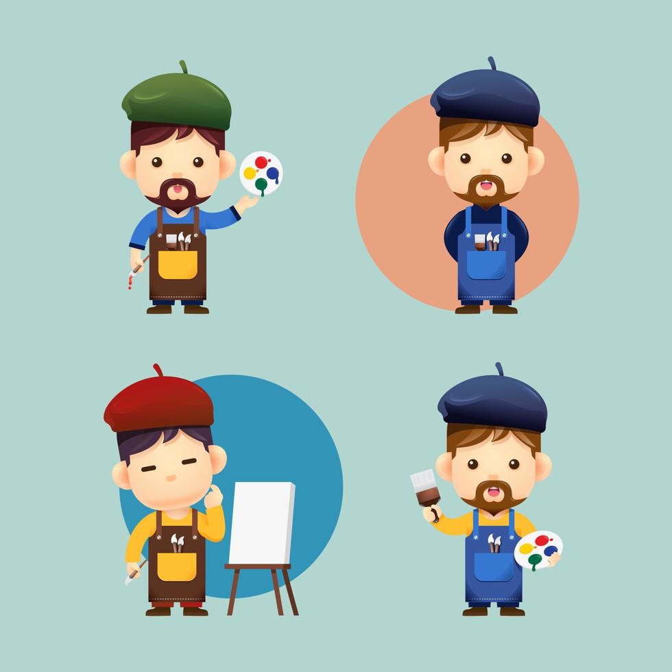 artist kids boy Confident man artist painting children set. sign vector illustration