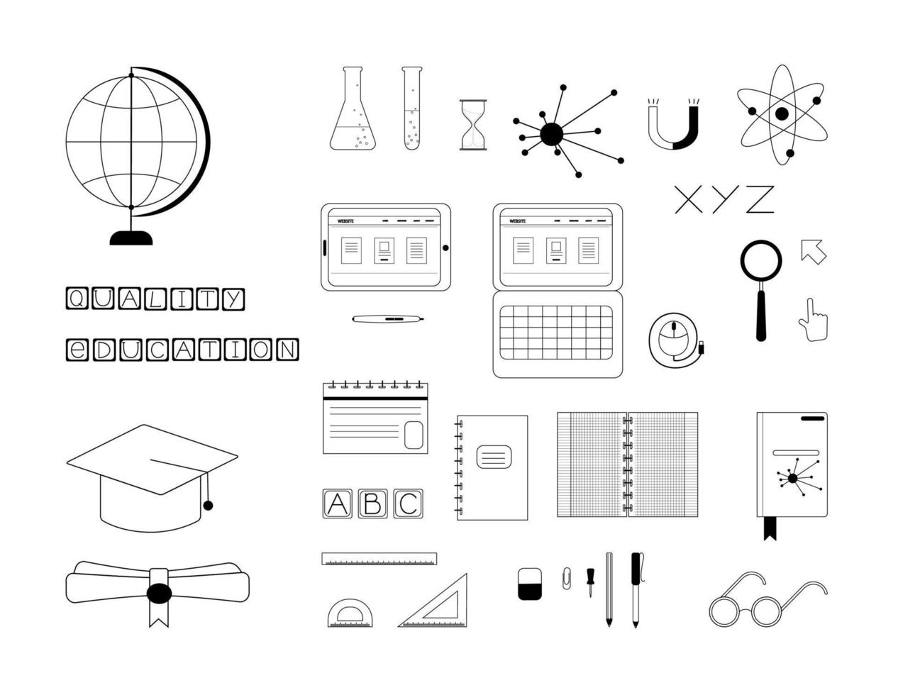 gran colección de equipos educativos y suministros de oficina para estudiar en línea o fuera de línea, línea negra vectorial en la oficina de fondo blanco vector