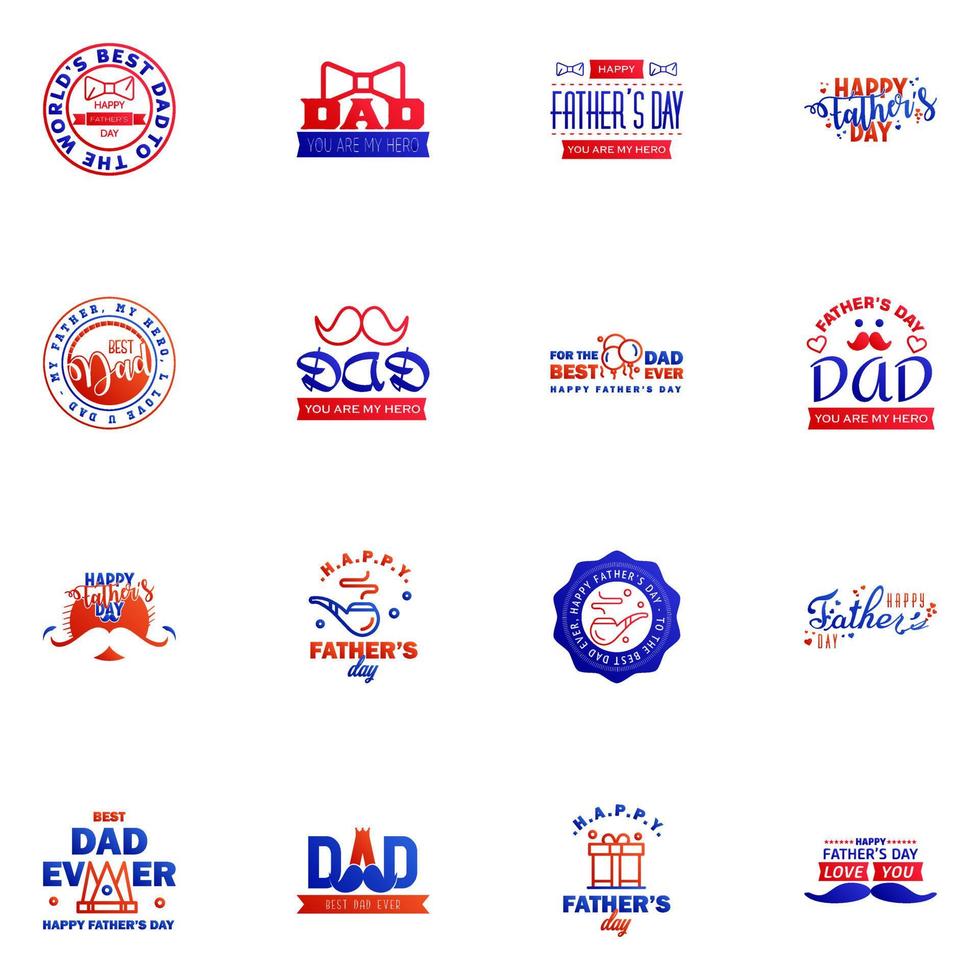 Happy Fathers day greeting hand lettering badges 16 Blue and red Typo isolated on white Typography design template for poster banner gift card t shirt print label sticker Retro vintage style V vector