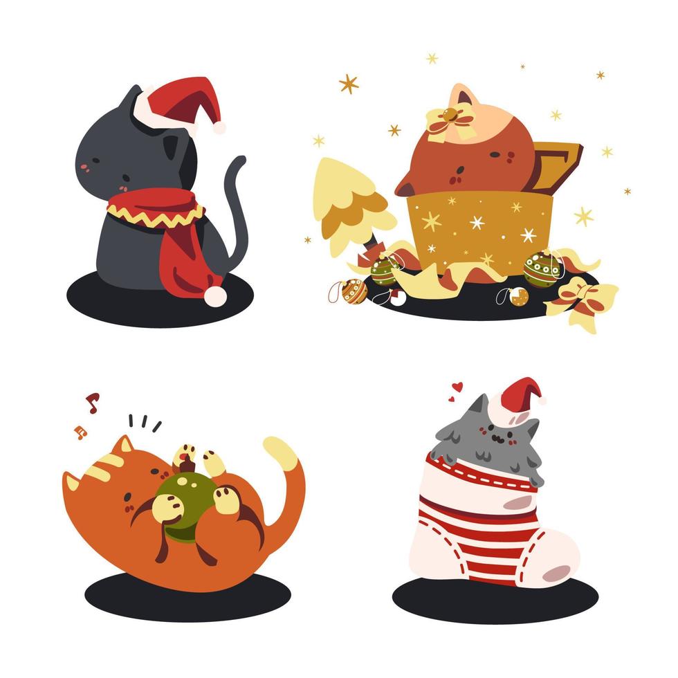 un conjunto de varios gatos lindos disfrutan con la ilustración de vector de dibujos animados plana elemento chistmas aislado con fondo. Feliz navidad y próspero año nuevo.