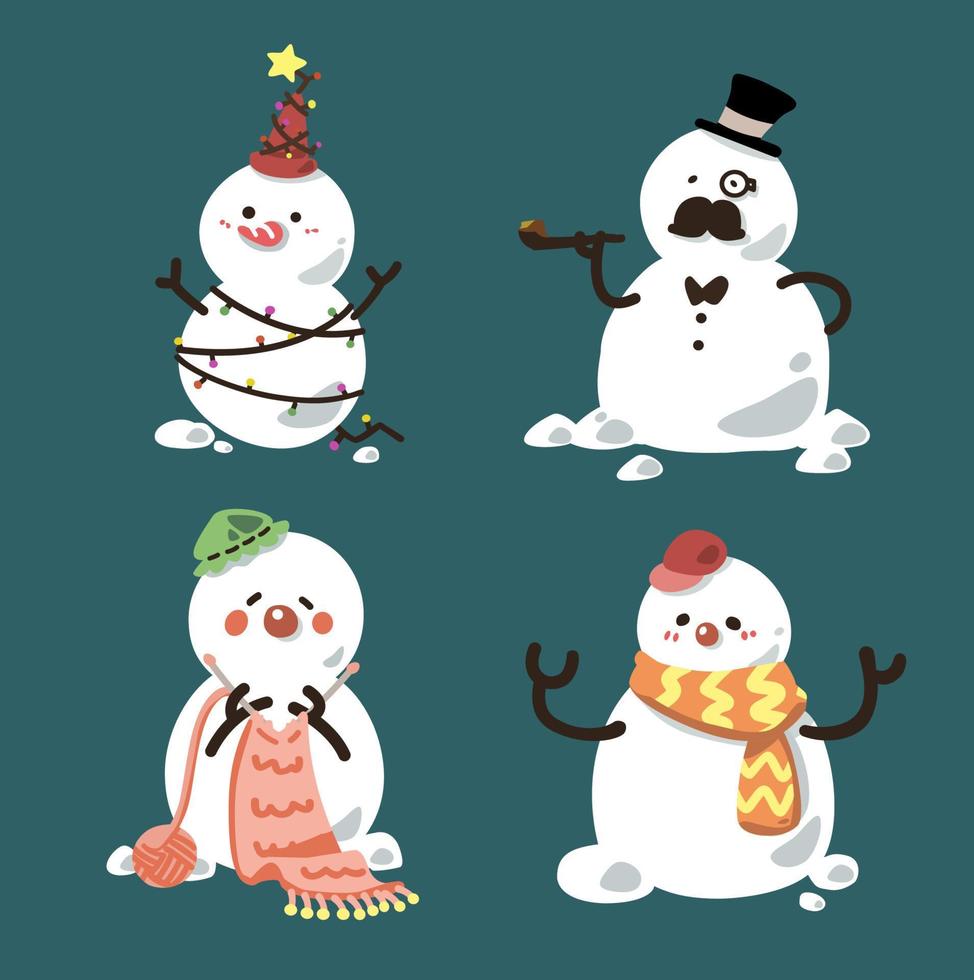 Set of cute snowmen cartoon character flat vector illustration isolated on background. Merry Christmas and Happy New Year. Papa Mama and children snowman. Snowman family.