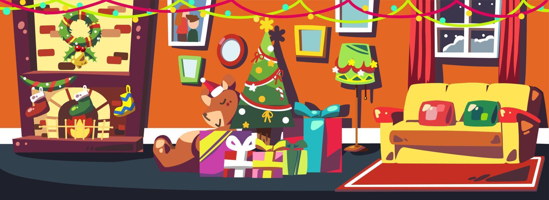 Christmas scene at night in warm living room with decorated Christmas tree, boxes, teddy bear, fireplace cartoon flat vector illustration. Merry Christmas and Happy New Year.