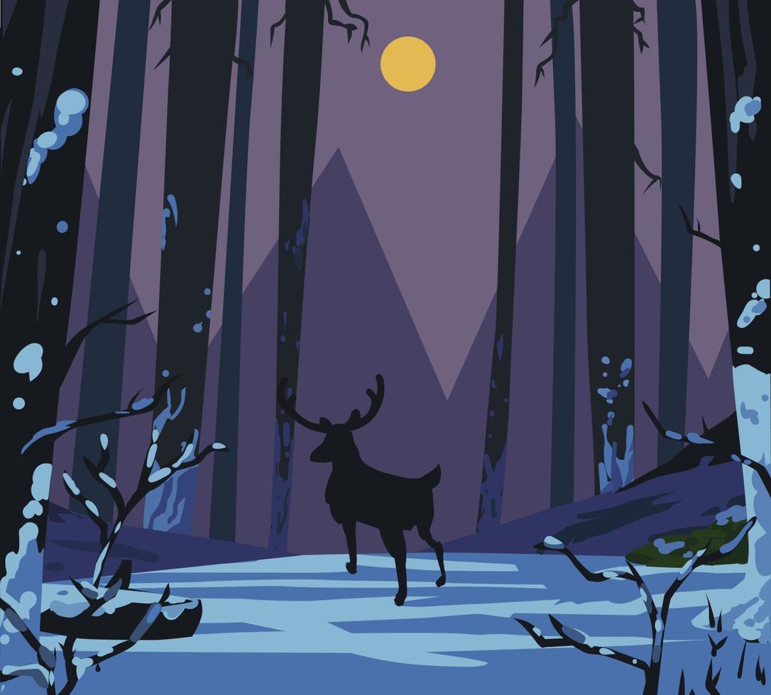 un reno de silueta en el bosque nevado y la montaña como fondo con ilustración de vector plano de dibujos animados de noche de luna llena. vida salvaje sola en la fría noche de invierno en el bosque oscuro