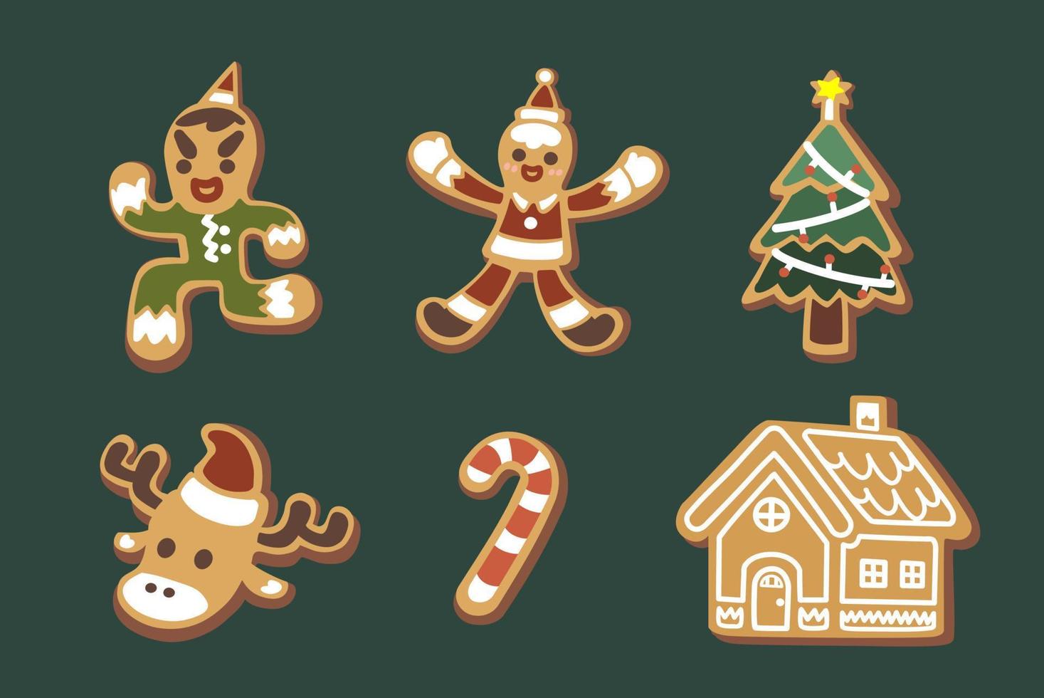 conjunto de duende lindo, gnomo, reno, bastón de caramelo de santa claus, casa árbol de navidad pan de jengibre personaje de dibujos animados ilustración vectorial plana aislada con fondo. Feliz navidad y próspero año nuevo vector