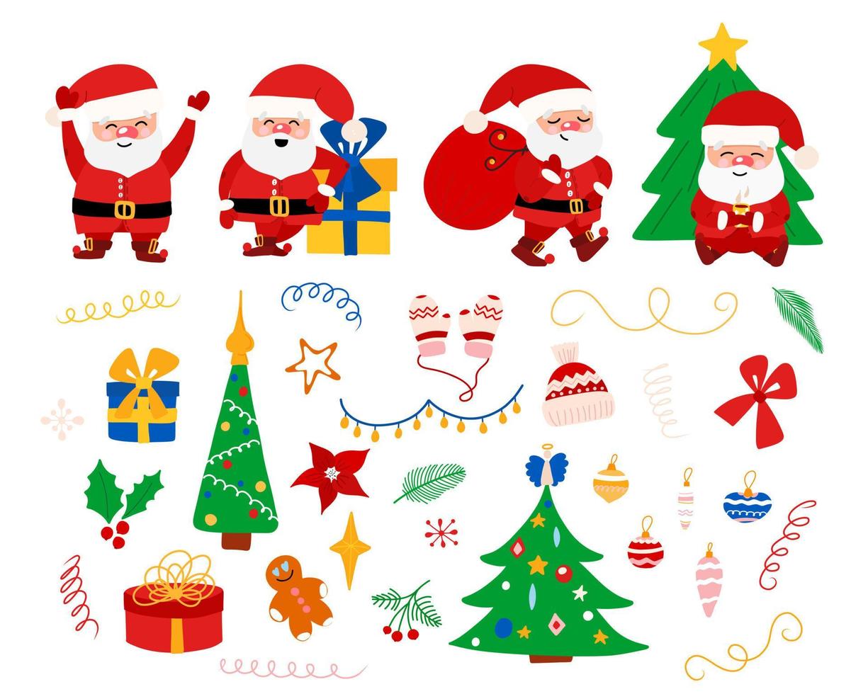 Large Christmas set with Santa Claus, Christmas tree, stars, gifts, snowflakes, holiday. Christmas illustrations in cartoon style for postcards, stickers, posters, stickers, print on clothes. vector