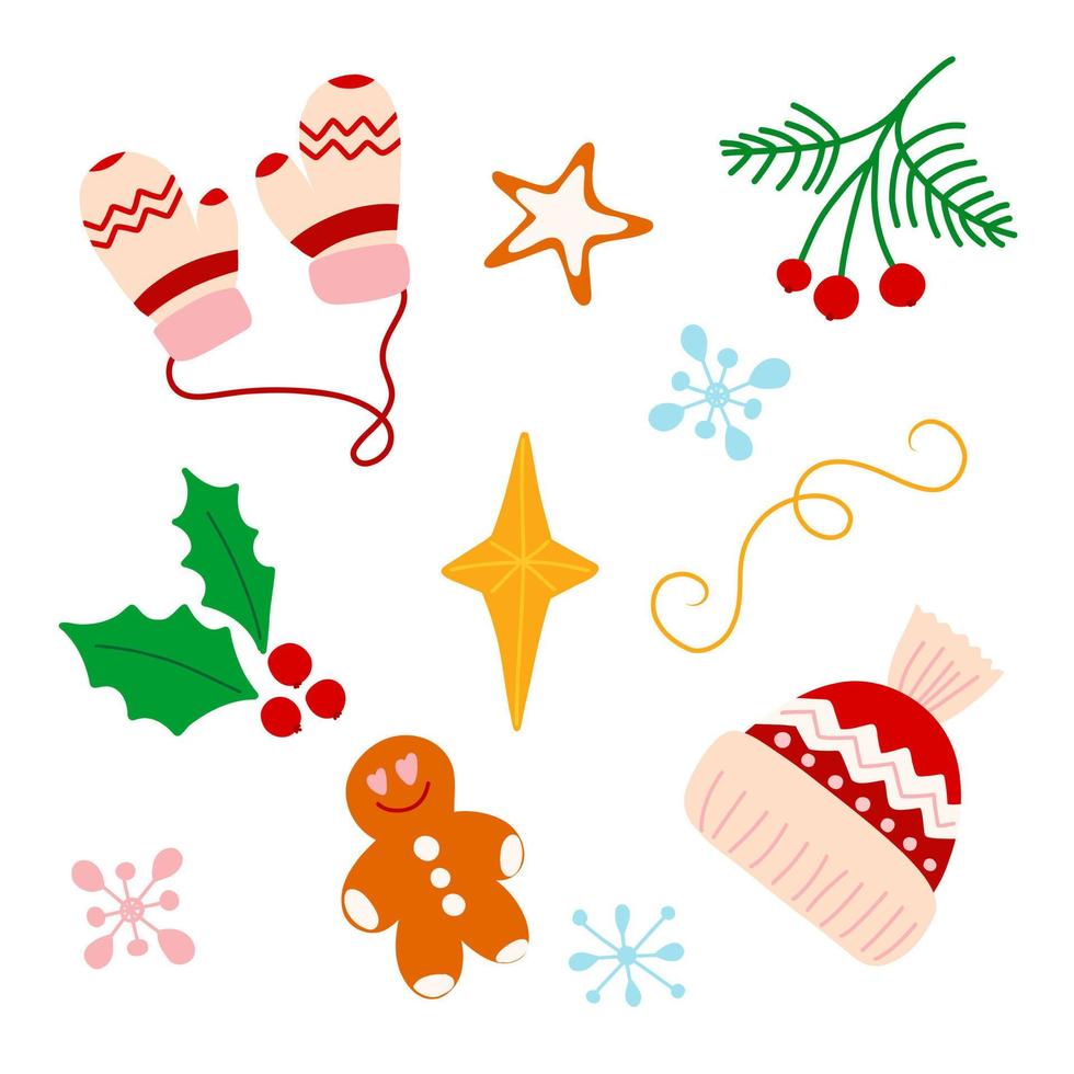 Vector winter set of elements, with knitted warm hat, mittens and snowflakes in cartoon style. Christmas elements for decor, stickers, postcards.