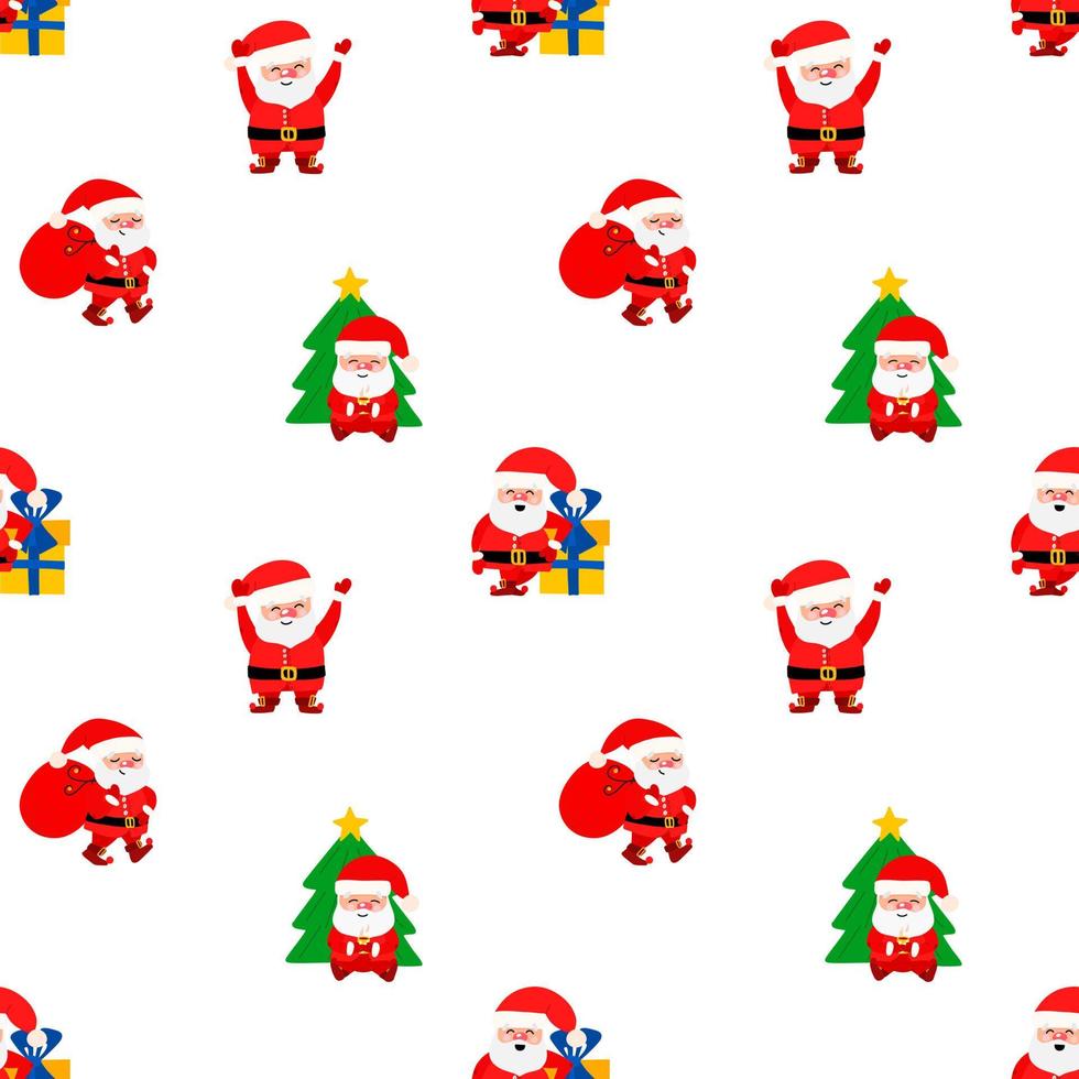 patrón de vector de navidad con lindo santa claus, árbol de navidad y juguetes de árbol de navidad en estilo de dibujos animados. patrón festivo para regalos, joyas, papel de envolver, pancartas