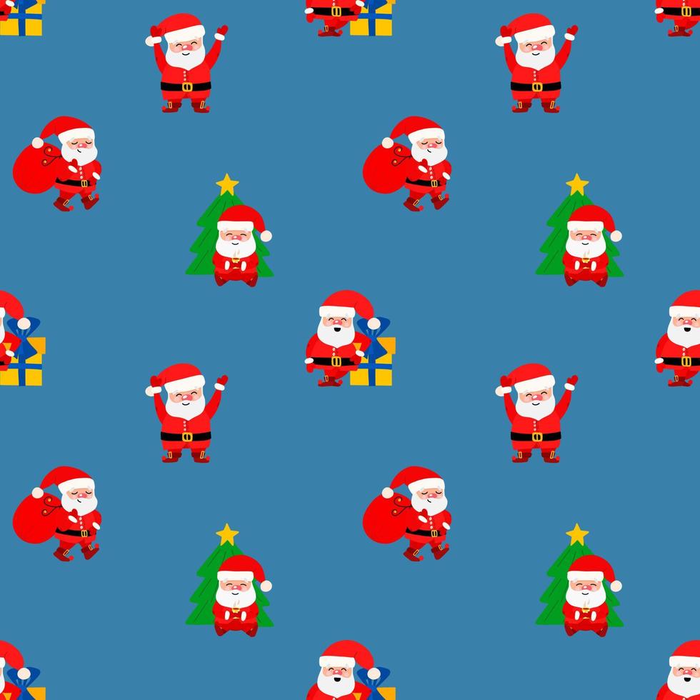 patrón de vector de navidad con lindo santa claus, árbol de navidad y juguetes de árbol de navidad en estilo de dibujos animados. patrón festivo para regalos, joyas, papel de envolver, pancartas