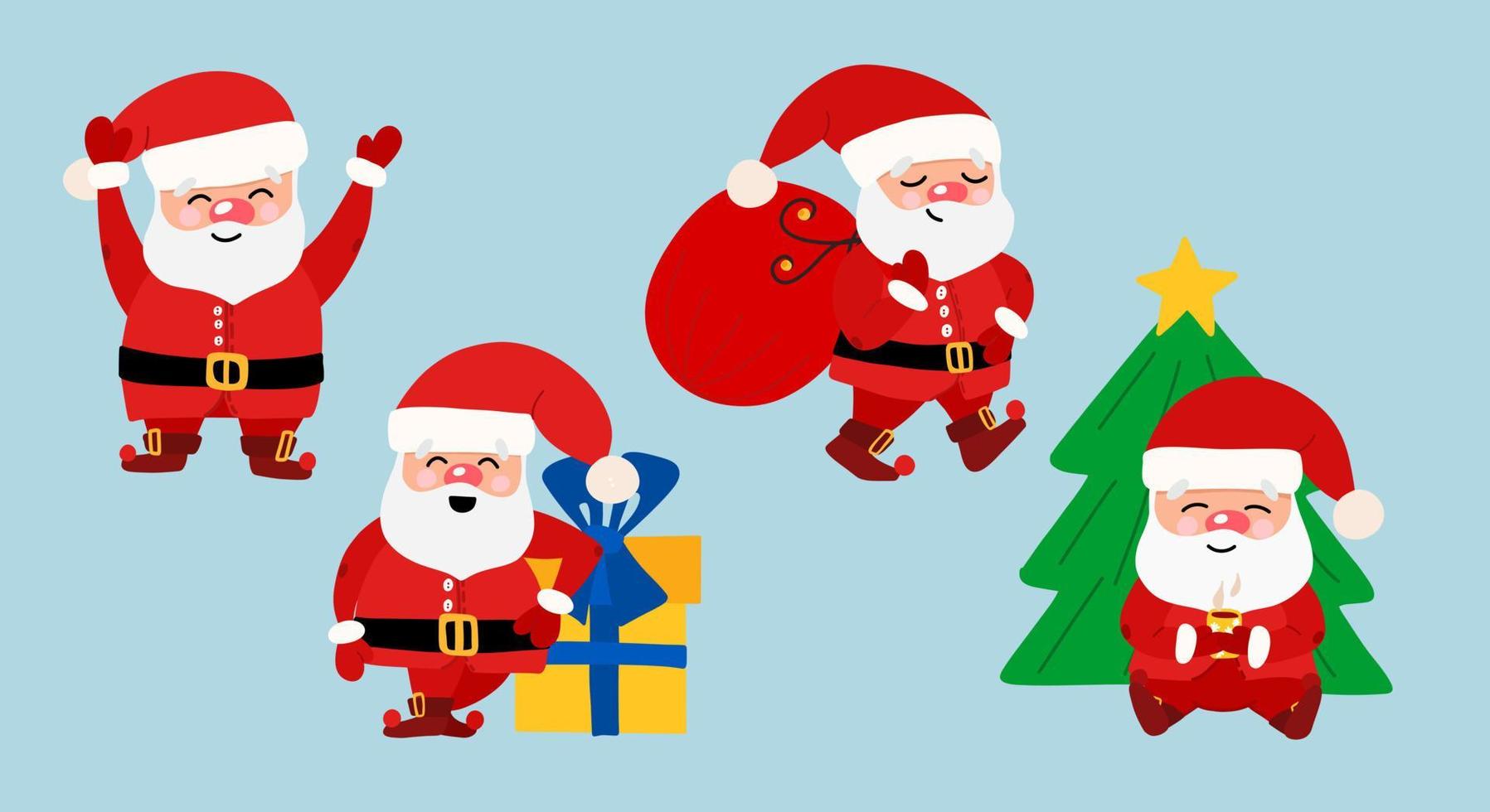 una colección de santa claus de navidad, un conjunto de ilustraciones navideñas de dibujos animados. un conjunto de divertidos personajes de dibujos animados con diferentes emociones, un árbol de navidad y regalos. vector