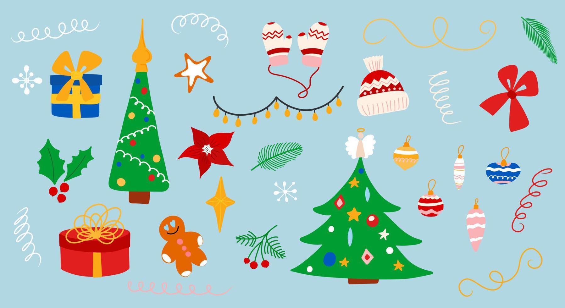 gran conjunto de elementos navideños vectoriales, árbol de navidad, regalos, serpentinas, pan de jengibre, juguetes navideños al estilo de las caricaturas. elementos navideños para decoración, pegatinas, postales. vector