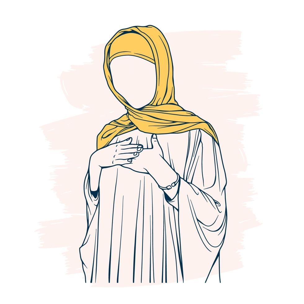 mujer musulmana elegante y de moda en arte de línea de ilustración de vector de moda hijab aislado para moda boutique