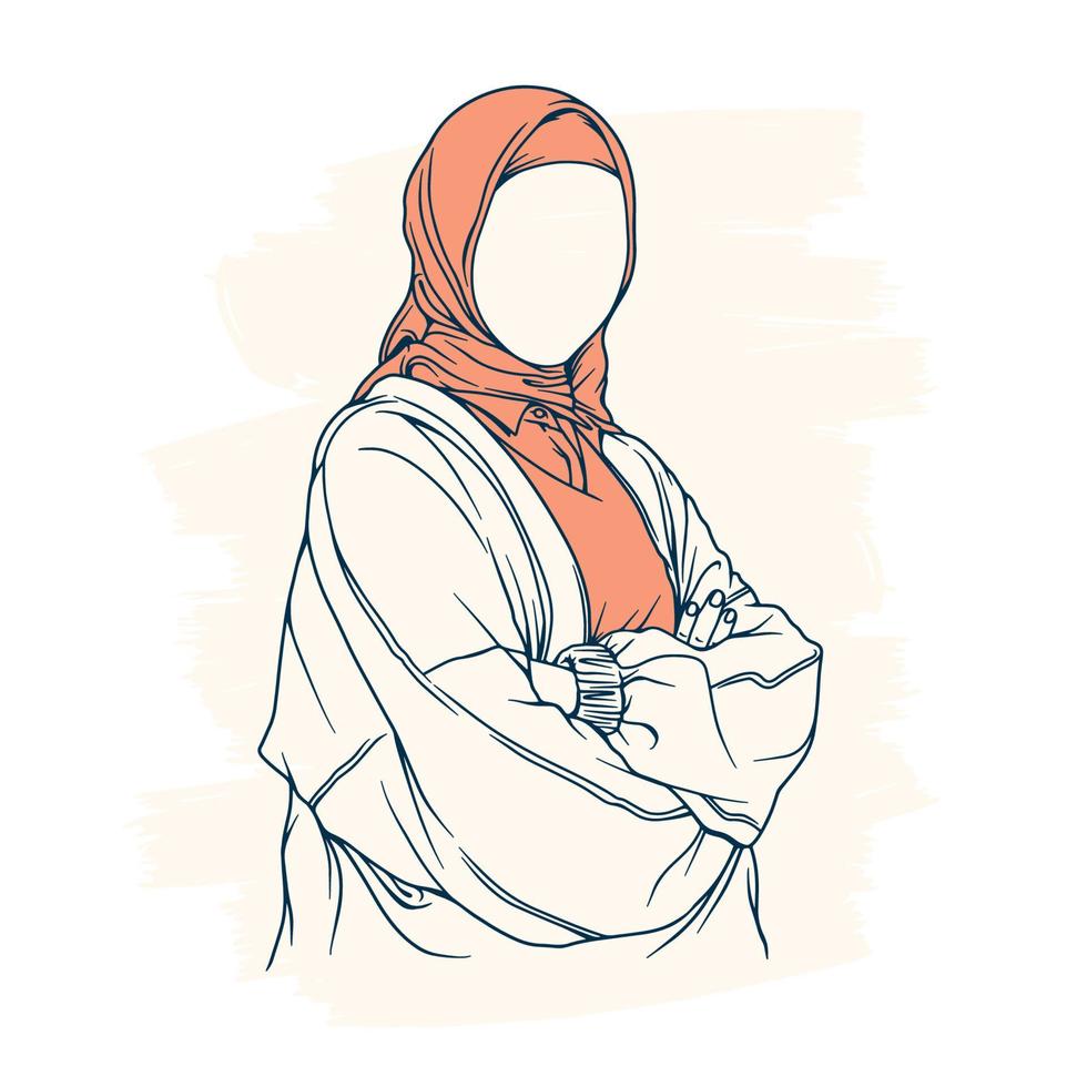 mujer musulmana elegante y de moda en arte de línea de ilustración de vector de moda hijab aislado para moda boutique