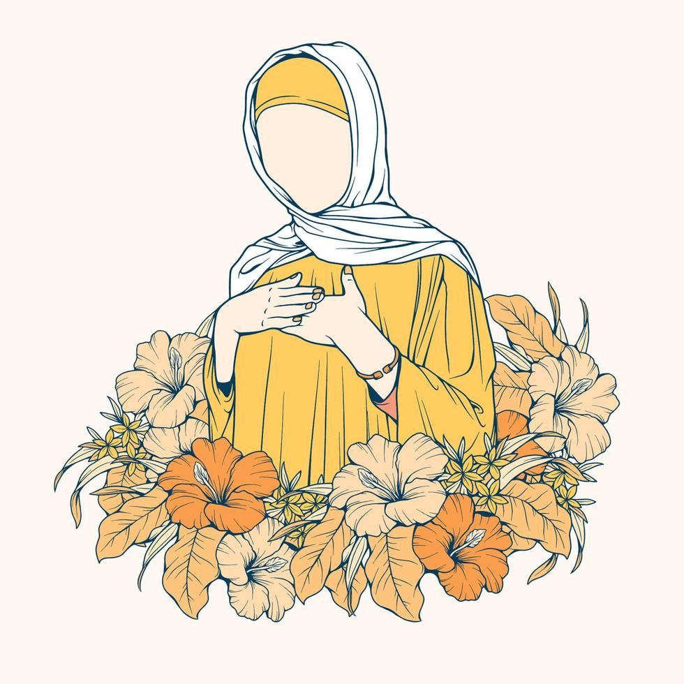 mujer musulmana elegante y de moda en arte de línea de ilustración de vector de moda hijab aislado para moda boutique