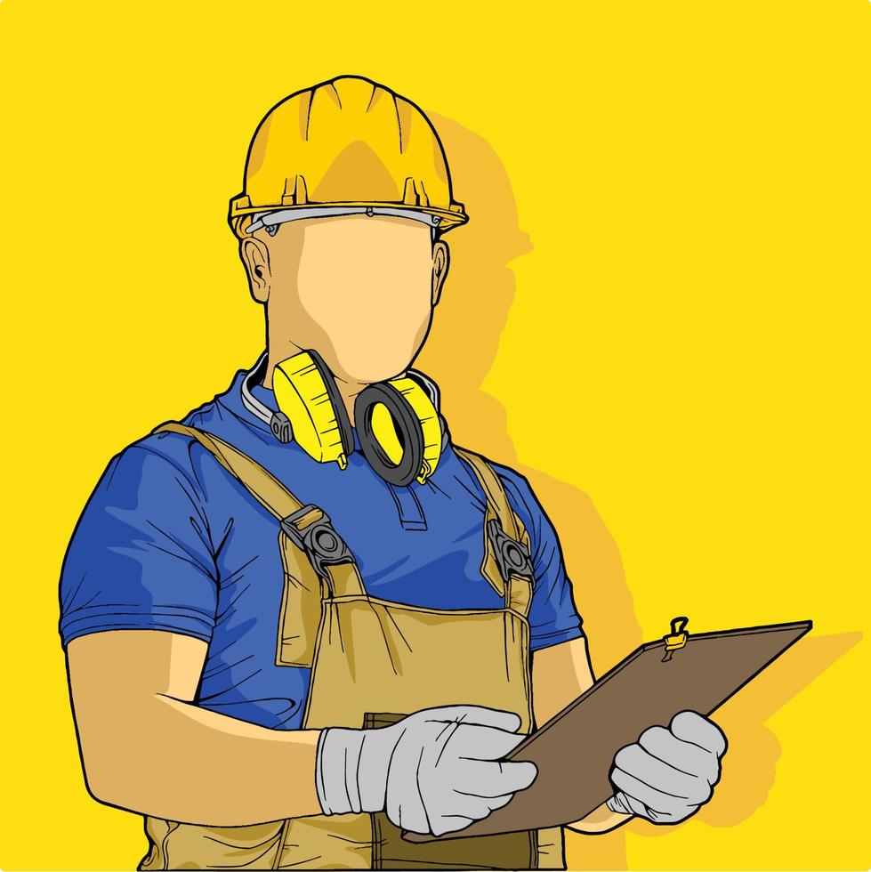 ilustración dibujada a mano de un trabajador de la construcción y arquitecto, reparador e ingeniero, y trabajador industrial en uniforme. gerente de proyecto y empleados en casco, aislados vector