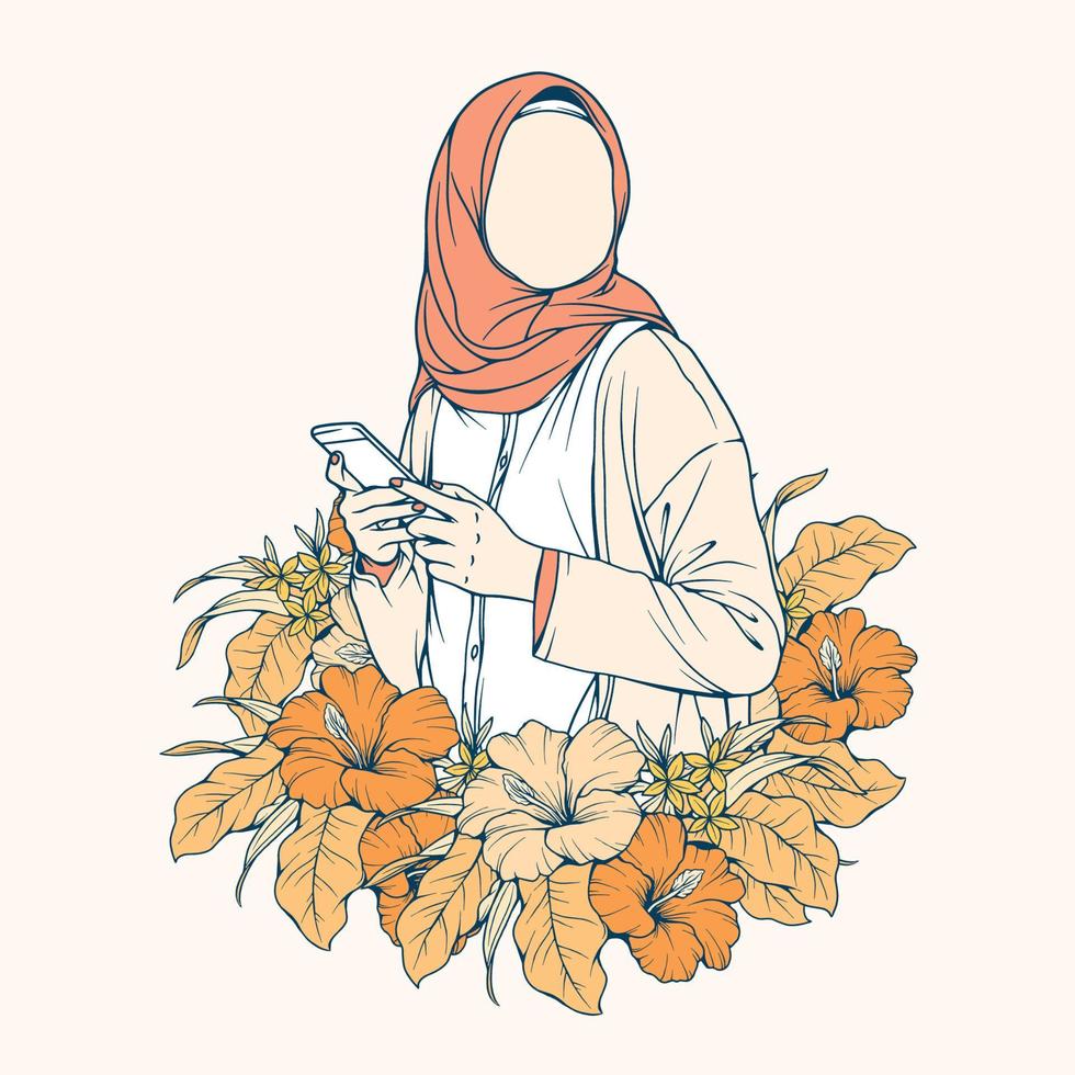 mujer musulmana elegante y de moda en arte de línea de ilustración de vector de moda hijab aislado para moda boutique